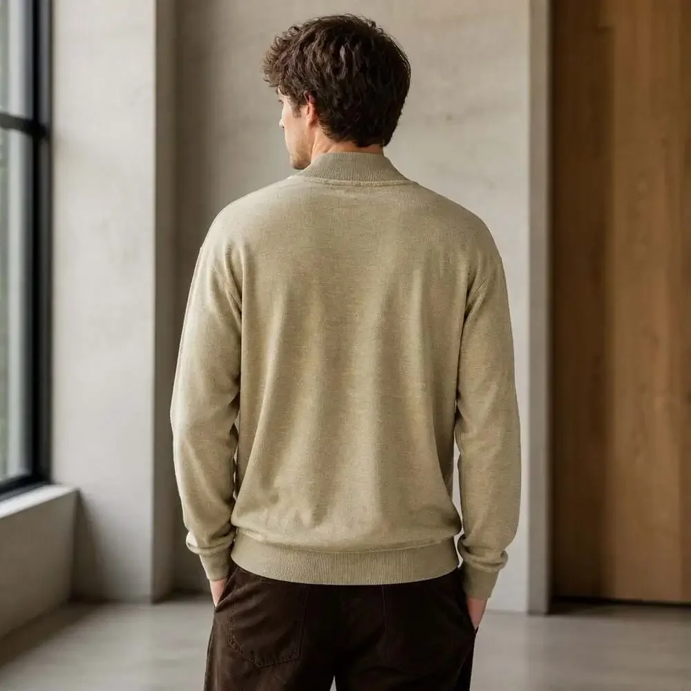Bob Timberlake Men's Tan Quarter-Zip Pullover Sweater Embroidered Feather Logo